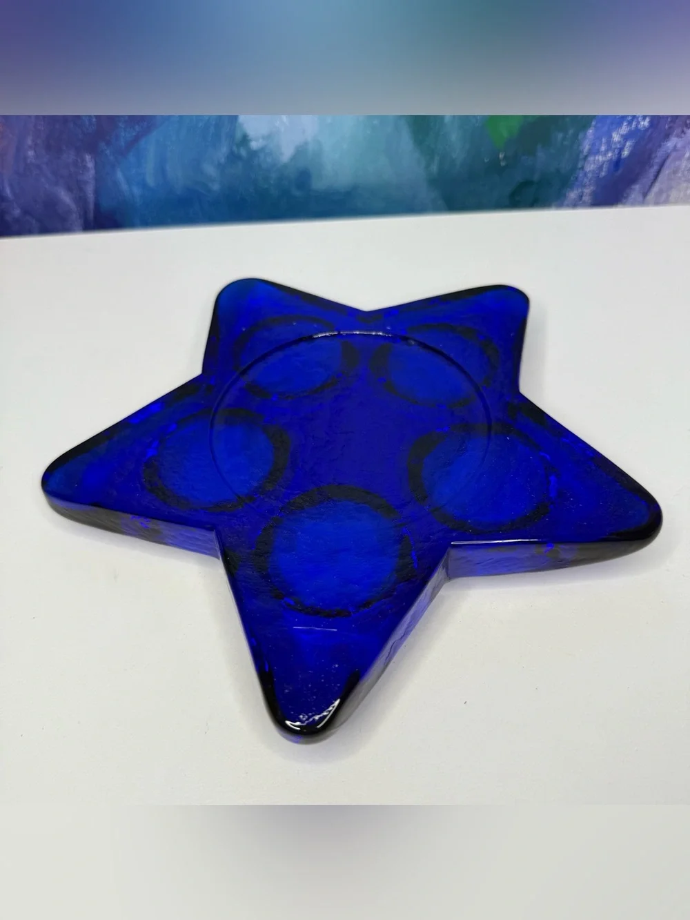 Blue Glass Star Candle Holder 5 Tea Light or Pillar Candle Celestial Whimsigoth